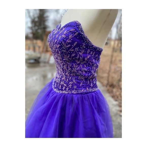 1980s Prom Dress Sweetheart Neck Beaded Bodice Tulle Layered Skirt Fit & Flare - Picture 3 of 14